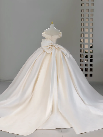 Vestido de novia princesa, vestido de baile, hombros descubiertos, color marfil, de satén, con pliegues, DH2047