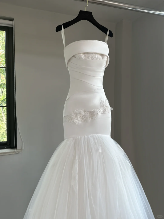 Vestido de novia único, sin tirantes, de satén blanco, largo, sin mangas, DH2051