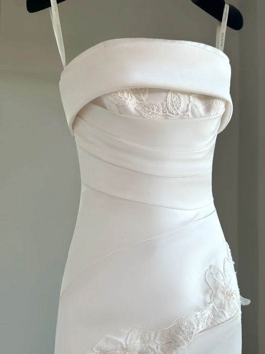 Vestido de novia único, sin tirantes, de satén blanco, largo, sin mangas, DH2051