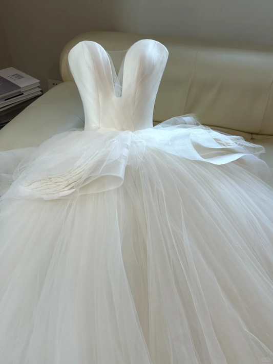 Vestido de novia etéreo, corte corazón, tul blanco, sin mangas, largo y sencillo, DH2052