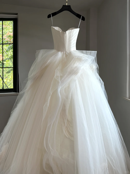 Vestido de novia etéreo, corte corazón, tul blanco, sin mangas, largo y sencillo, DH2052