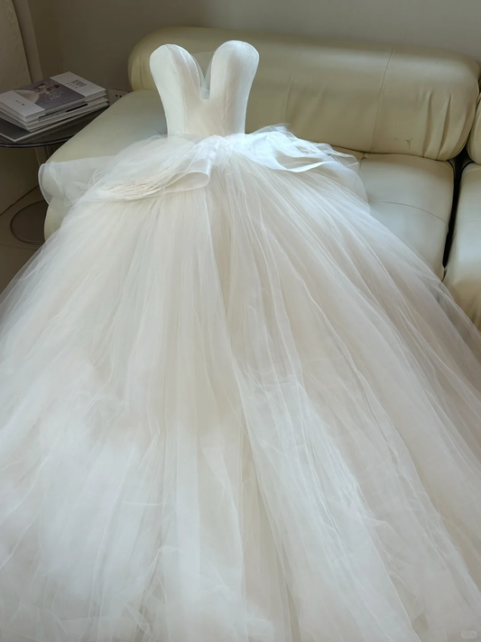 Vestido de novia etéreo, corte corazón, tul blanco, sin mangas, largo y sencillo, DH2052