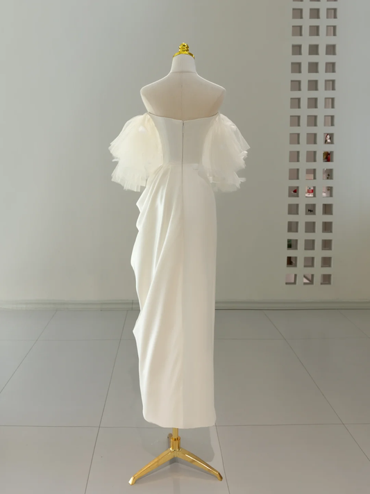 Vestido de novia único, corte A, hombros descubiertos, satén blanco, largo, DH2058