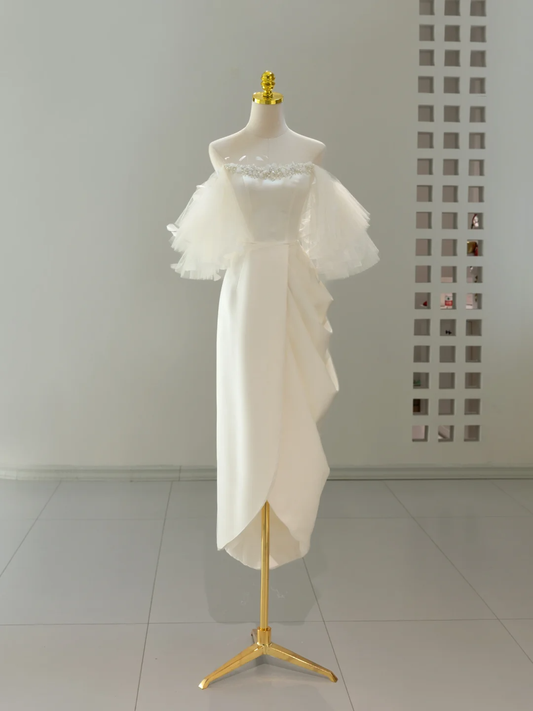 Vestido de novia único, corte A, hombros descubiertos, satén blanco, largo, DH2058