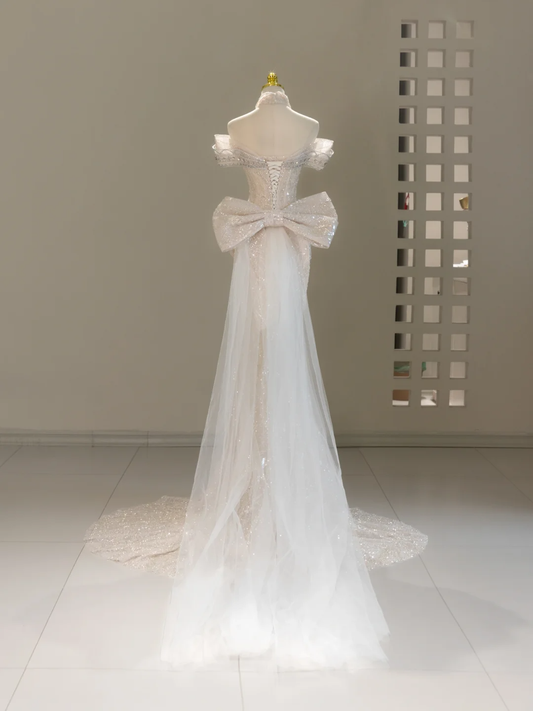 Vestido de novia único de sirena con hombros descubiertos y lentejuelas, largo, DH2060