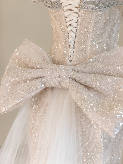 Vestido de novia único de sirena con hombros descubiertos y lentejuelas, largo, DH2060