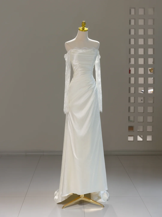 Vestido de novia único de corte sirena con hombros descubiertos y encaje, mangas largas, DH2061