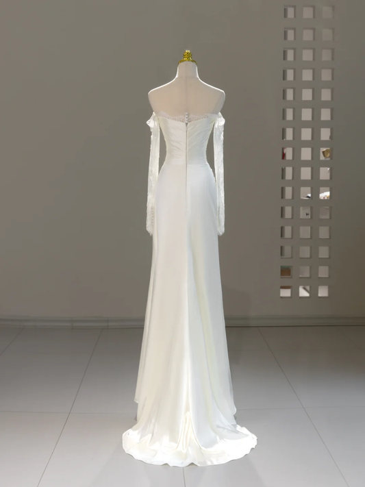 Vestido de novia único de corte sirena con hombros descubiertos y encaje, mangas largas, DH2061