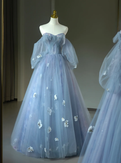 Hermoso vestido de quinceañera largo de tul azul con hombros descubiertos y flores, vestido formal para dulces 17, vestido de 15 años, vestido de dulces 16 DH2062