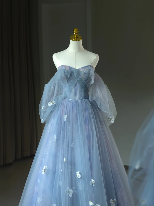 Hermoso vestido de quinceañera largo de tul azul con hombros descubiertos y flores, vestido formal para dulces 17, vestido de 15 años, vestido de dulces 16 DH2062
