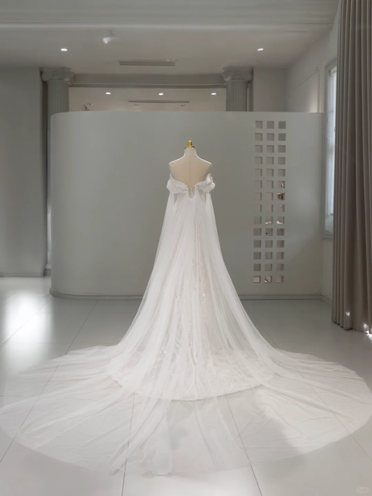 Vestido de novia único, corte A, hombros descubiertos, lentejuelas, manga corta, DH2063
