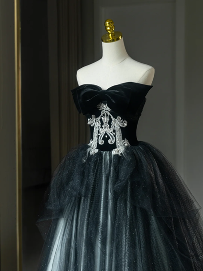 Hermoso vestido de quinceañera largo sin tirantes de tul negro con encaje, vestidos formales para 17 años, vestido de 15 años, vestido de 16 años DH2064