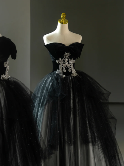 Hermoso vestido de quinceañera largo sin tirantes de tul negro con encaje, vestidos formales para 17 años, vestido de 15 años, vestido de 16 años DH2064