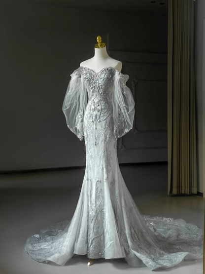 Vestido de novia princesa estilo sirena con hombros descubiertos, encaje, tul y mangas largas, DH2065