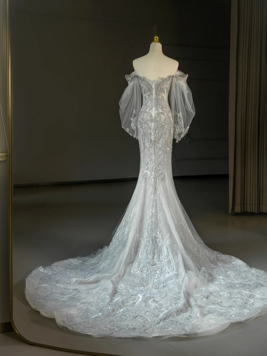 Vestido de novia princesa estilo sirena con hombros descubiertos, encaje, tul y mangas largas, DH2065