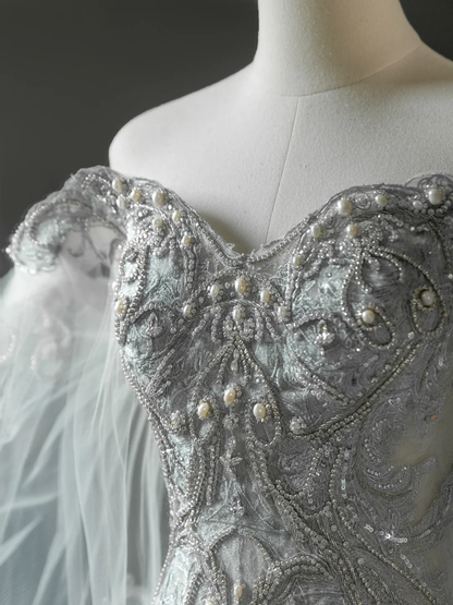 Vestido de novia princesa estilo sirena con hombros descubiertos, encaje, tul y mangas largas, DH2065