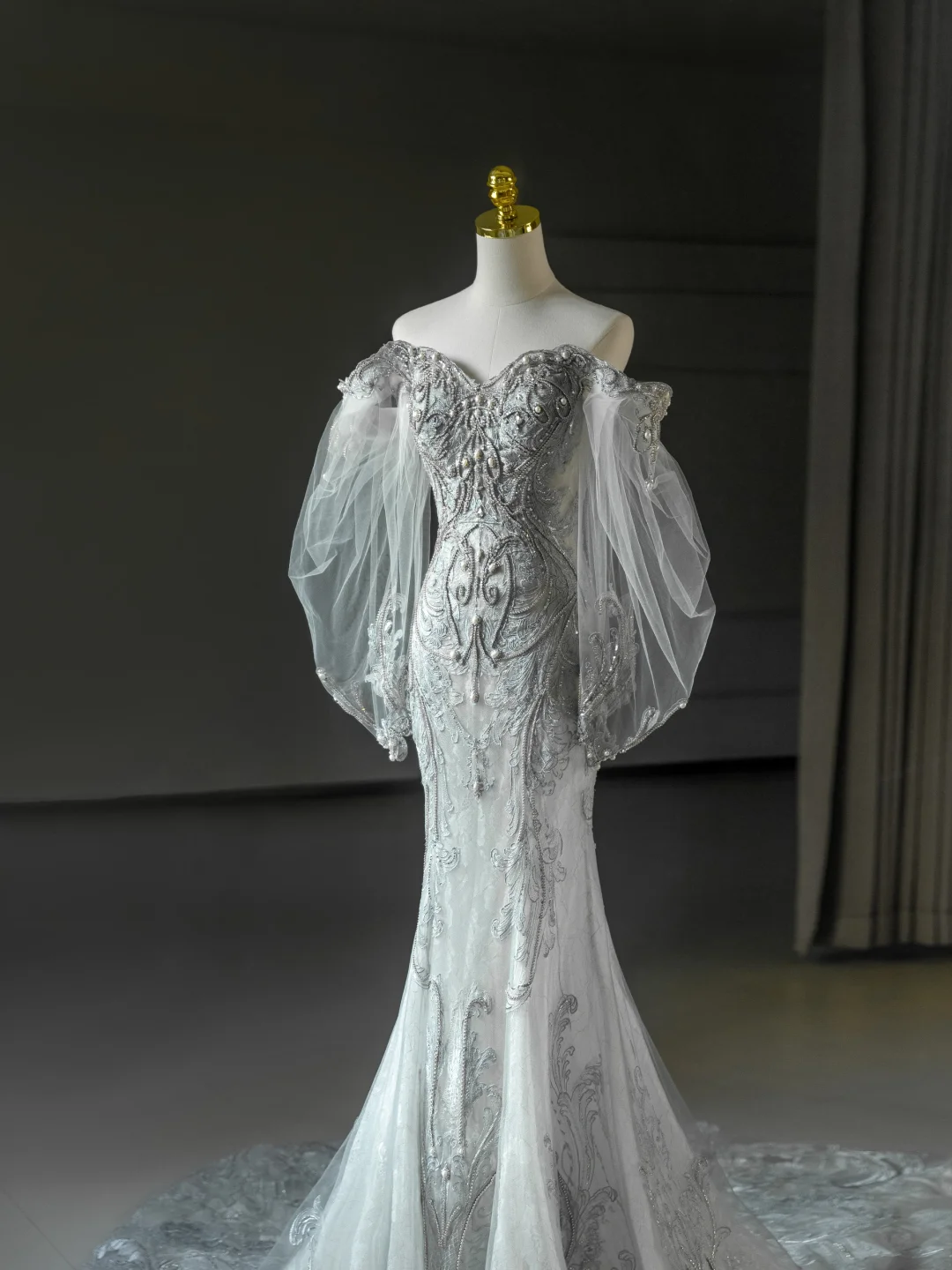 Vestido de novia princesa estilo sirena con hombros descubiertos, encaje, tul y mangas largas, DH2065