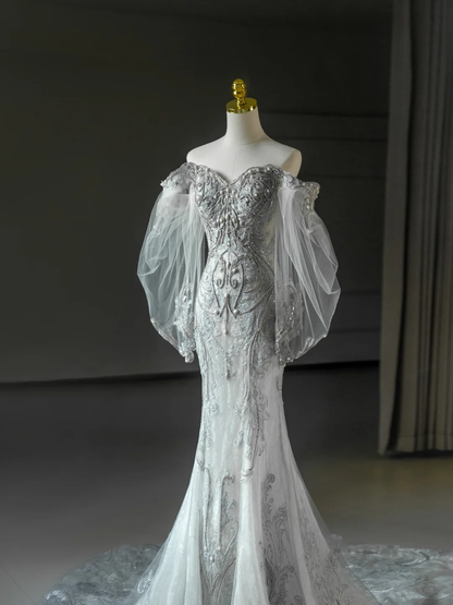 Vestido de novia princesa estilo sirena con hombros descubiertos, encaje, tul y mangas largas, DH2065