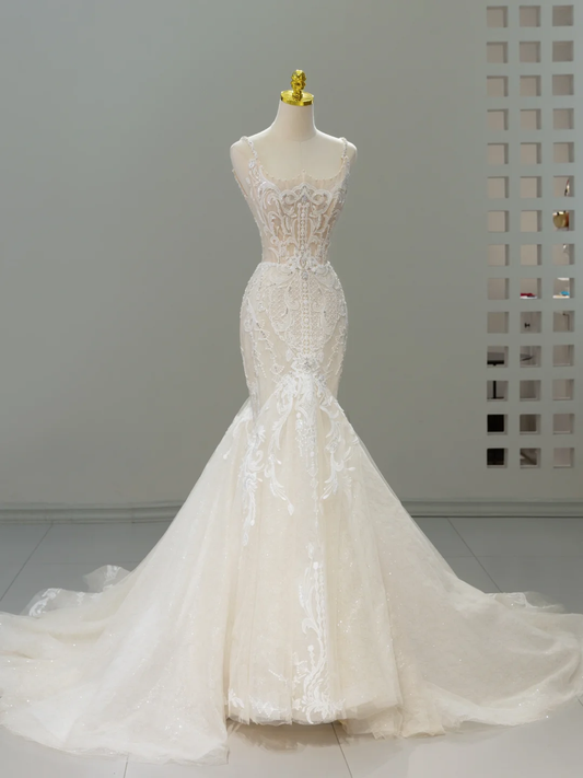 Vestido de novia de ensueño, corte sirena, escote cuadrado, encaje, tul, manga larga, modesto, DH2067