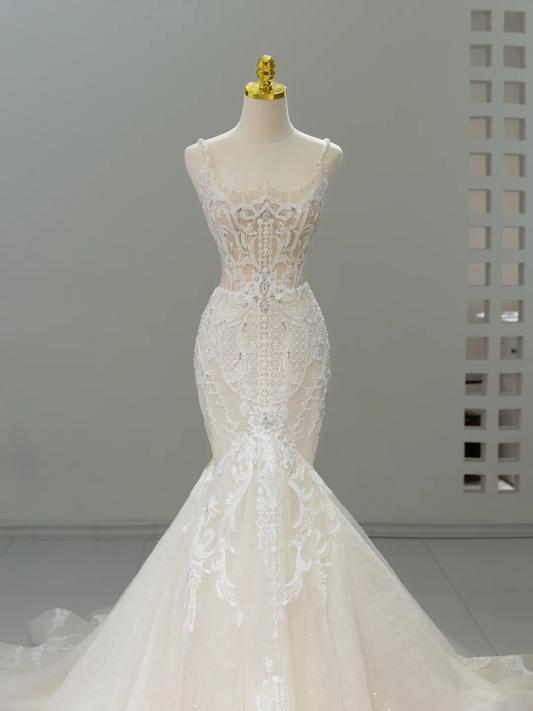 Vestido de novia de ensueño, corte sirena, escote cuadrado, encaje, tul, manga larga, modesto, DH2067