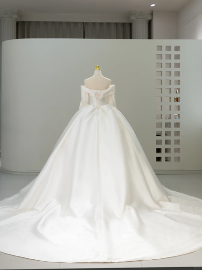 Vestido de novia único, de satén, con hombros descubiertos y mangas largas, DH2068