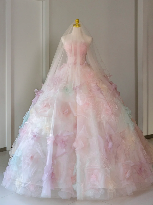 Hermoso vestido de quinceañera largo sin tirantes de tul rosa con flores, vestido formal para dulces 17, vestido de 15 años, vestido de dulces 16 DH2071