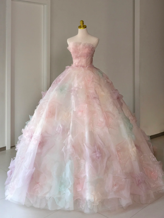 Hermoso vestido de quinceañera largo sin tirantes de tul rosa con flores, vestido formal para dulces 17, vestido de 15 años, vestido de dulces 16 DH2071
