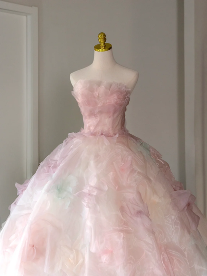 Hermoso vestido de quinceañera largo sin tirantes de tul rosa con flores, vestido formal para dulces 17, vestido de 15 años, vestido de dulces 16 DH2071