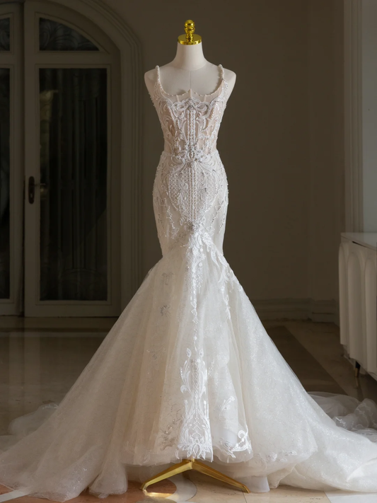 Vestido de novia clásico, corte sirena, escote cuadrado, encaje, tul, largo, modesto, DH2072