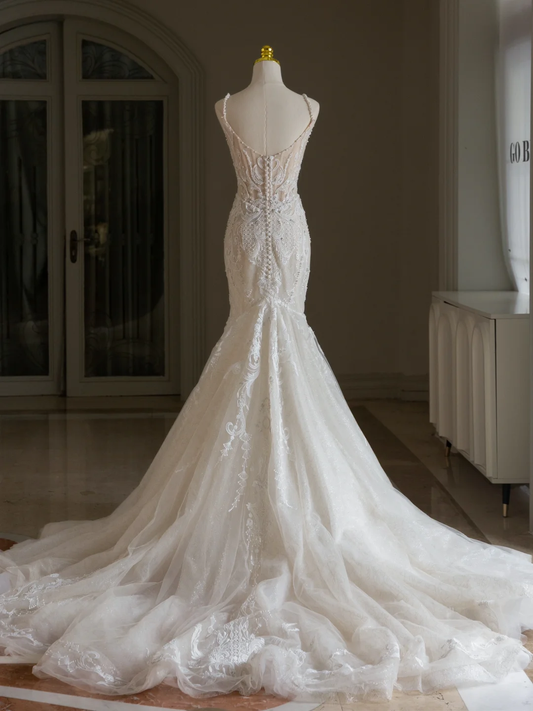 Vestido de novia clásico, corte sirena, escote cuadrado, encaje, tul, largo, modesto, DH2072