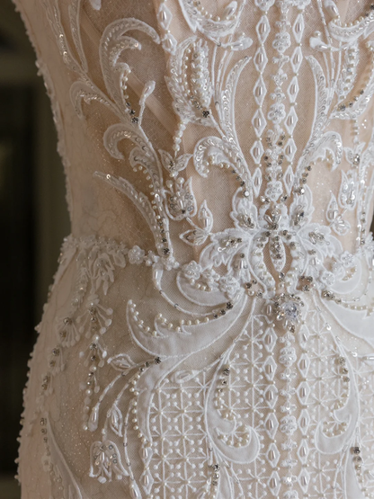 Vestido de novia clásico, corte sirena, escote cuadrado, encaje, tul, largo, modesto, DH2072
