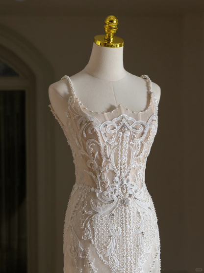 Vestido de novia clásico, corte sirena, escote cuadrado, encaje, tul, largo, modesto, DH2072