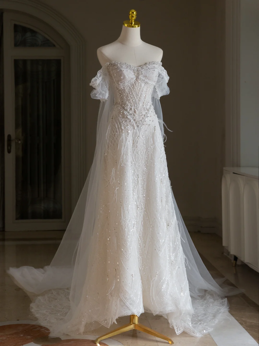 Vestido de novia único, corte A, hombros descubiertos, lentejuelas, manga corta, años 70, DH2073