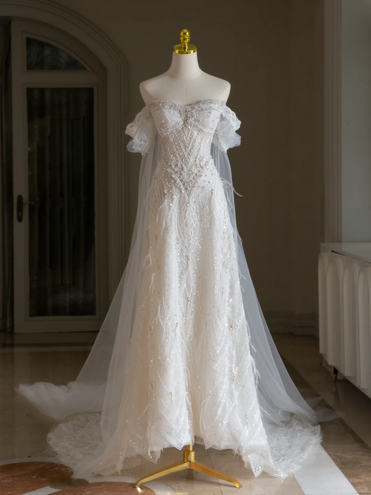Vestido de novia único, corte A, hombros descubiertos, lentejuelas, manga corta, años 70, DH2073