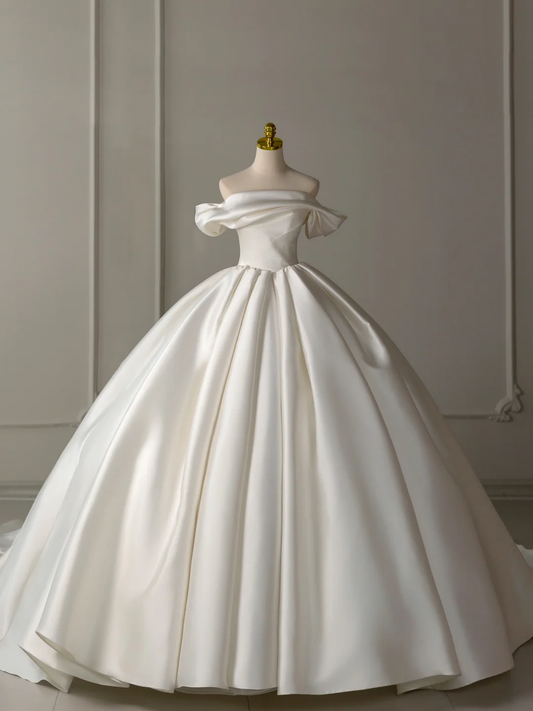 Elegante vestido de novia de satén con hombros descubiertos y mangas cortas DH2074