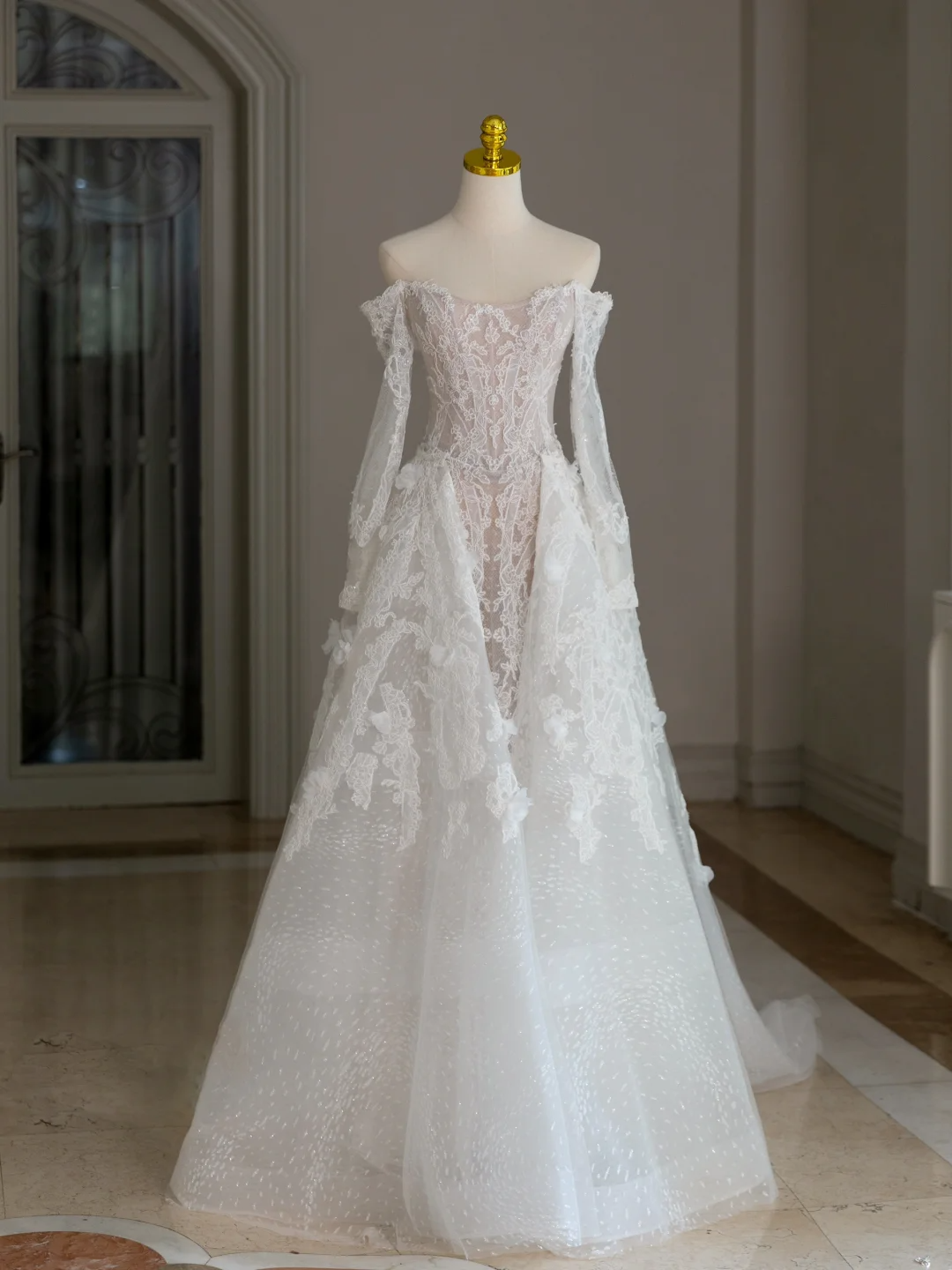 Vestido de novia único, corte A, hombros descubiertos, encaje, mangas largas, años 70, DH2077