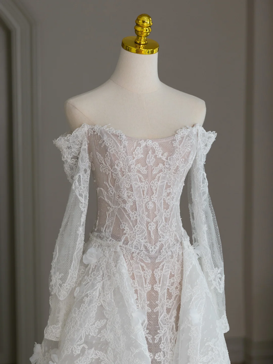 Vestido de novia único, corte A, hombros descubiertos, encaje, mangas largas, años 70, DH2077