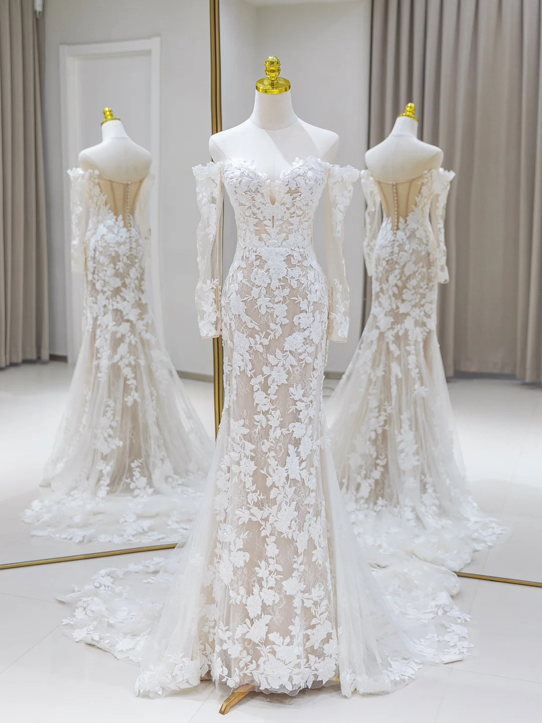 Vestido de novia único de corte sirena con hombros descubiertos y encaje, mangas largas, años 70, DH2080