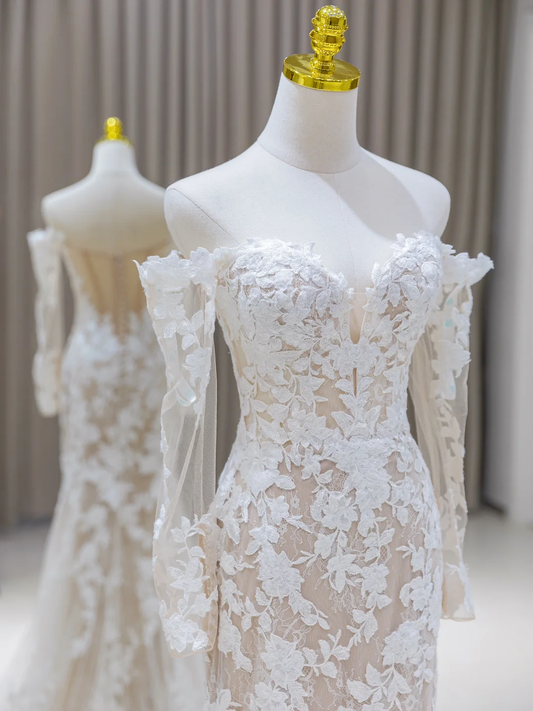 Vestido de novia único de corte sirena con hombros descubiertos y encaje, mangas largas, años 70, DH2080