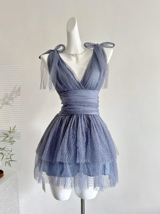 Cute A Line V Neck Tulle Gray Formal 8th Grade Homecoming Dresses Middle School Short Cocktail Gowns Graduation Dress Hoco Outfits DH2084