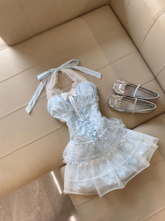 Cute A Line Halter Light Blue Tulle Formal 8th Grade Homecoming Dresses Middle School Short Cocktail Gowns Graduation Dress Hoco Outfits DH2085