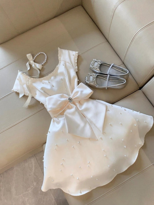 Cute A Line White Satin Pearls Formal 8th Grade Homecoming Dresses Middle School Short Cocktail Gowns Graduation Dress Hoco Outfits DH2086