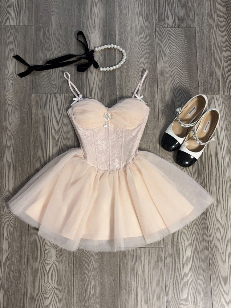 Cute A Line Spaghetti Straps Pink Tulle Formal 8th Grade Homecoming Dresses Middle School Short Cocktail Gowns Graduation Dress Hoco Outfits DH2087