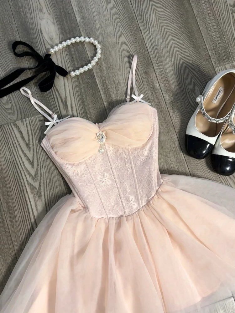 Cute A Line Spaghetti Straps Pink Tulle Formal 8th Grade Homecoming Dresses Middle School Short Cocktail Gowns Graduation Dress Hoco Outfits DH2087