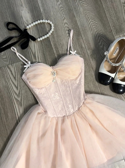 Cute A Line Spaghetti Straps Pink Tulle Formal 8th Grade Homecoming Dresses Middle School Short Cocktail Gowns Graduation Dress Hoco Outfits DH2087