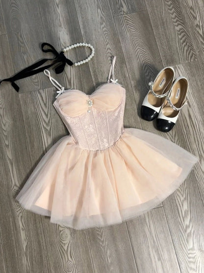 Cute A Line Spaghetti Straps Pink Tulle Formal 8th Grade Homecoming Dresses Middle School Short Cocktail Gowns Graduation Dress Hoco Outfits DH2087