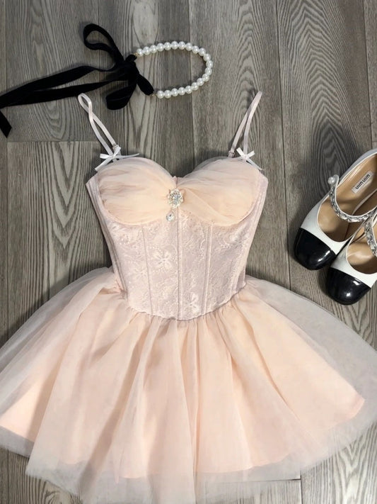 Cute A Line Spaghetti Straps Pink Tulle Formal 8th Grade Homecoming Dresses Middle School Short Cocktail Gowns Graduation Dress Hoco Outfits DH2087