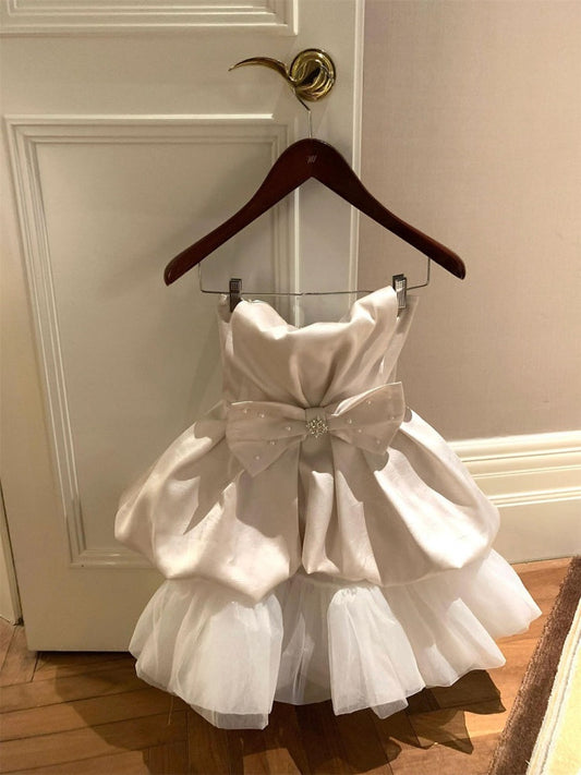 Cute Ball Gown Strapless White Satin Formal 8th Grade Homecoming Dresses Middle School Short Cocktail Gowns Graduation Dress Hoco Outfits DH2094