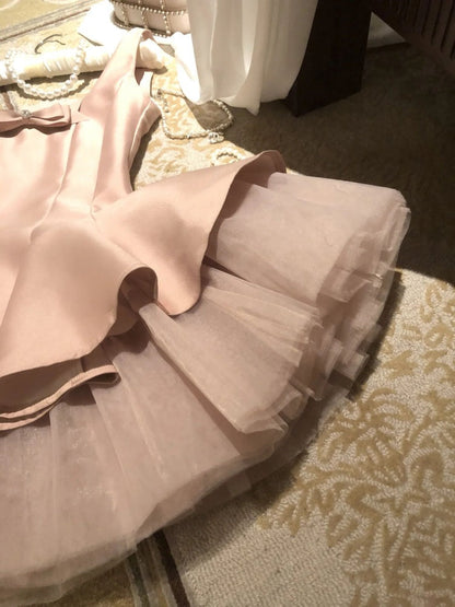 Vestido corto de cóctel para escuela secundaria, corte A, escote redondo, satén rosa, para fiesta de 8.º grado, Hoco Outfits DH2096