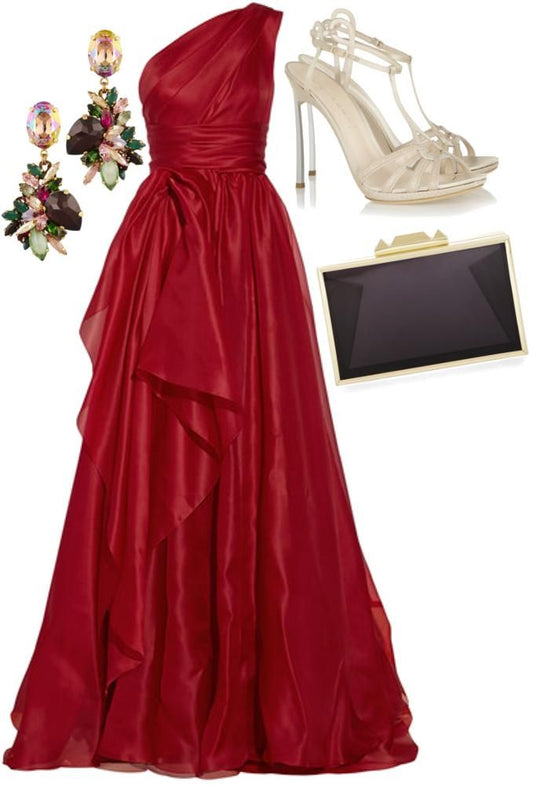 Hermoso vestido de fiesta de gasa roja con un solo hombro y corte en A, para cumpleaños, graduación, D2563